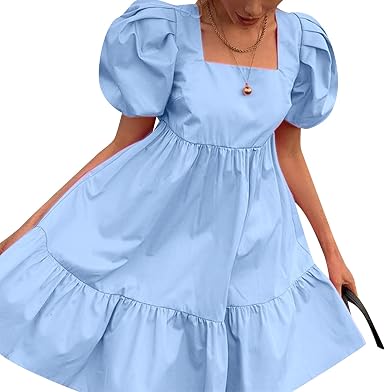 Women Square Neck Puff Sleeve Dress 