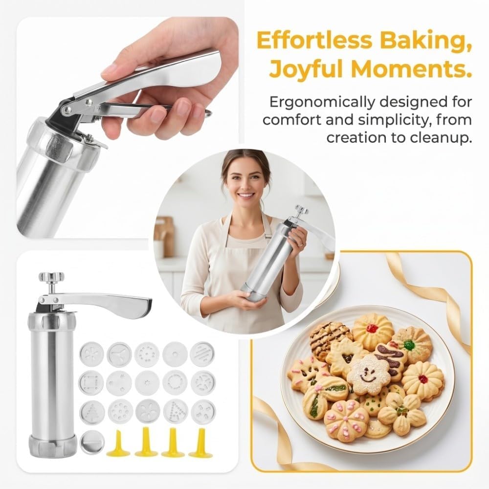 Cookie Press Maker Kit, Aluminum Alloy Cookie Maker Machine Biscuits Mould Set with 20 Pattern Discs and 4 Decorating Tips for Baking