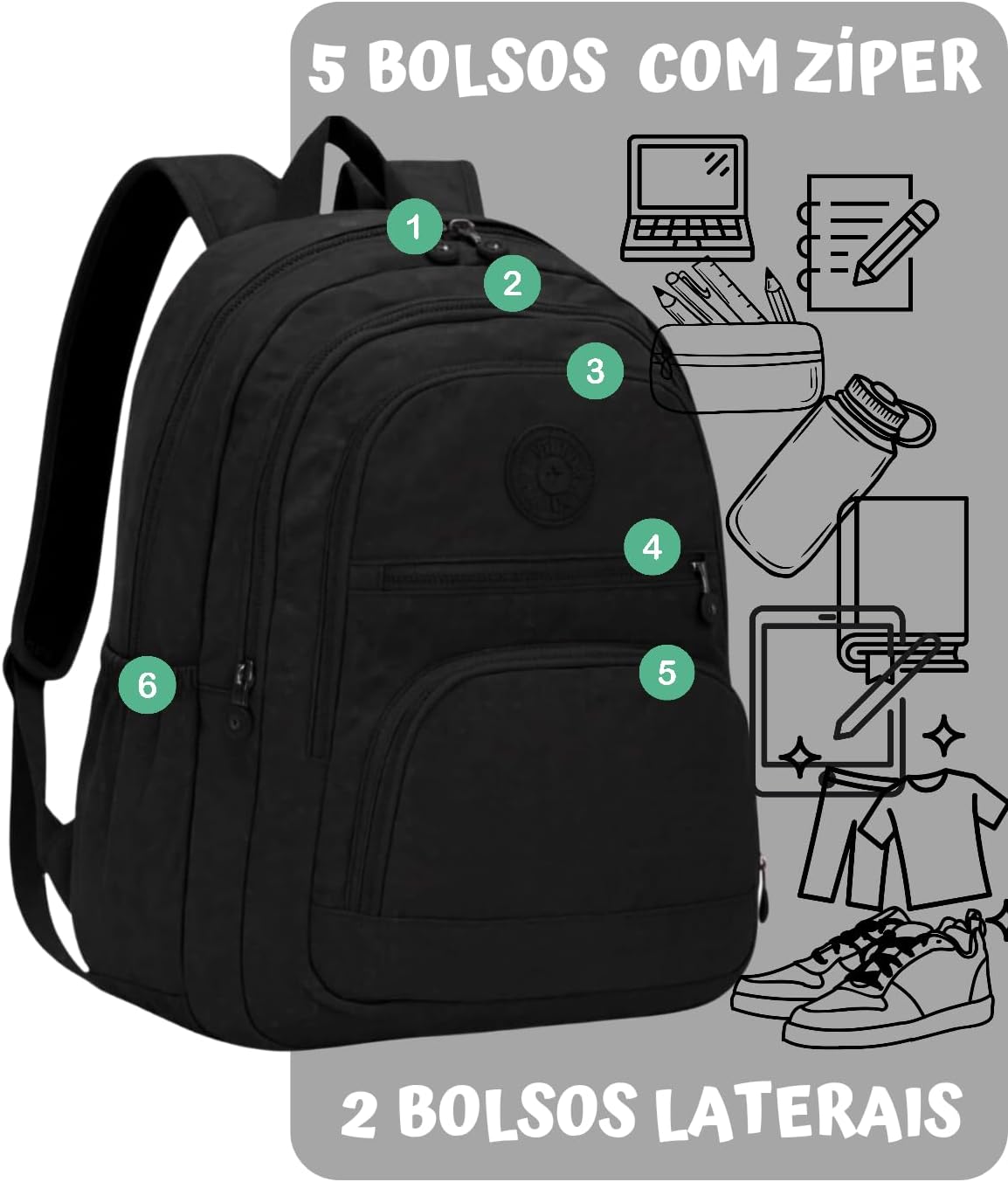 Mochila Feminina Masculina Tactel Notebook Escolar Resistente Grande Costas Juvenil Escola Preta Mochila Feminina Masculina Tactel Notebook Escolar Resistente Grande Costas Juvenil Escola Preta