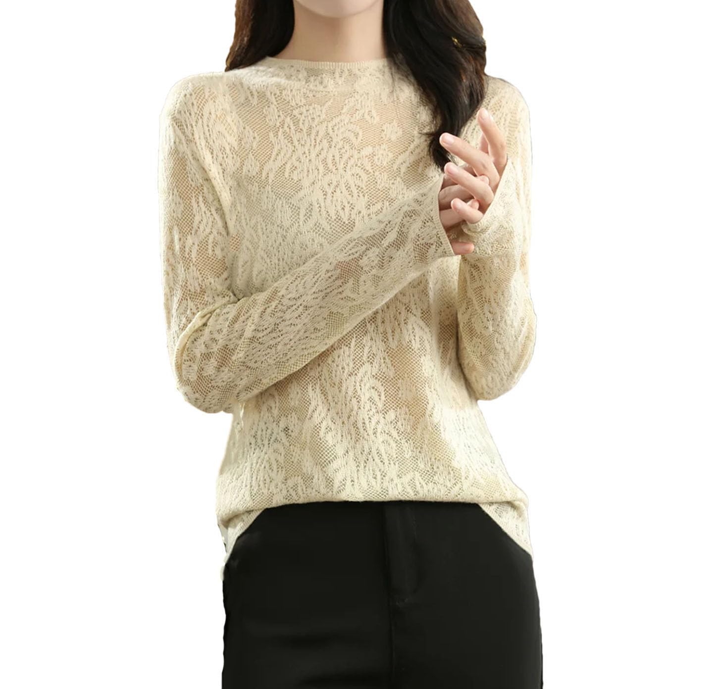 Maglione da donna in lana sottile, maglia a maniche lunghe in seta traforata morbida