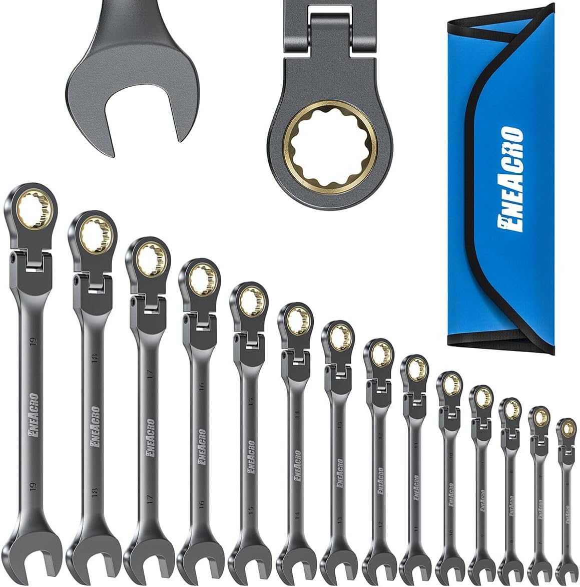 ENEACRO Gelenk-Ratschenschlüssel Set, 14Tlg, 6-19mm， Flex-Kopf | Anti-Rutsch Ringmaulschlüssel, Gabelschlüssel-Ringmaul-Schlüssel-Set，72-Zähne, Cr-V, Vernickelt, mit Rolltasche