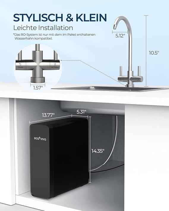Ecoviva Reverse Osmosis Water Filtration System, 600GPD, Reverse Osmosis System, Drinking Water, 8 Stage Filtration, 2.5:1 Osmosis System, Drain Ratio, RO and Filtered Water