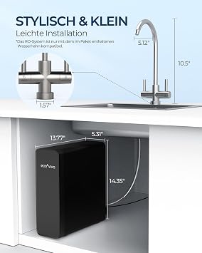 Ecoviva Reverse Osmosis Water Filtration System, 600GPD, Reverse Osmosis System, Drinking Water, 8 Stage Filtration, 2.5:1 Osmosis System, Drain Ratio, RO and Filtered Water