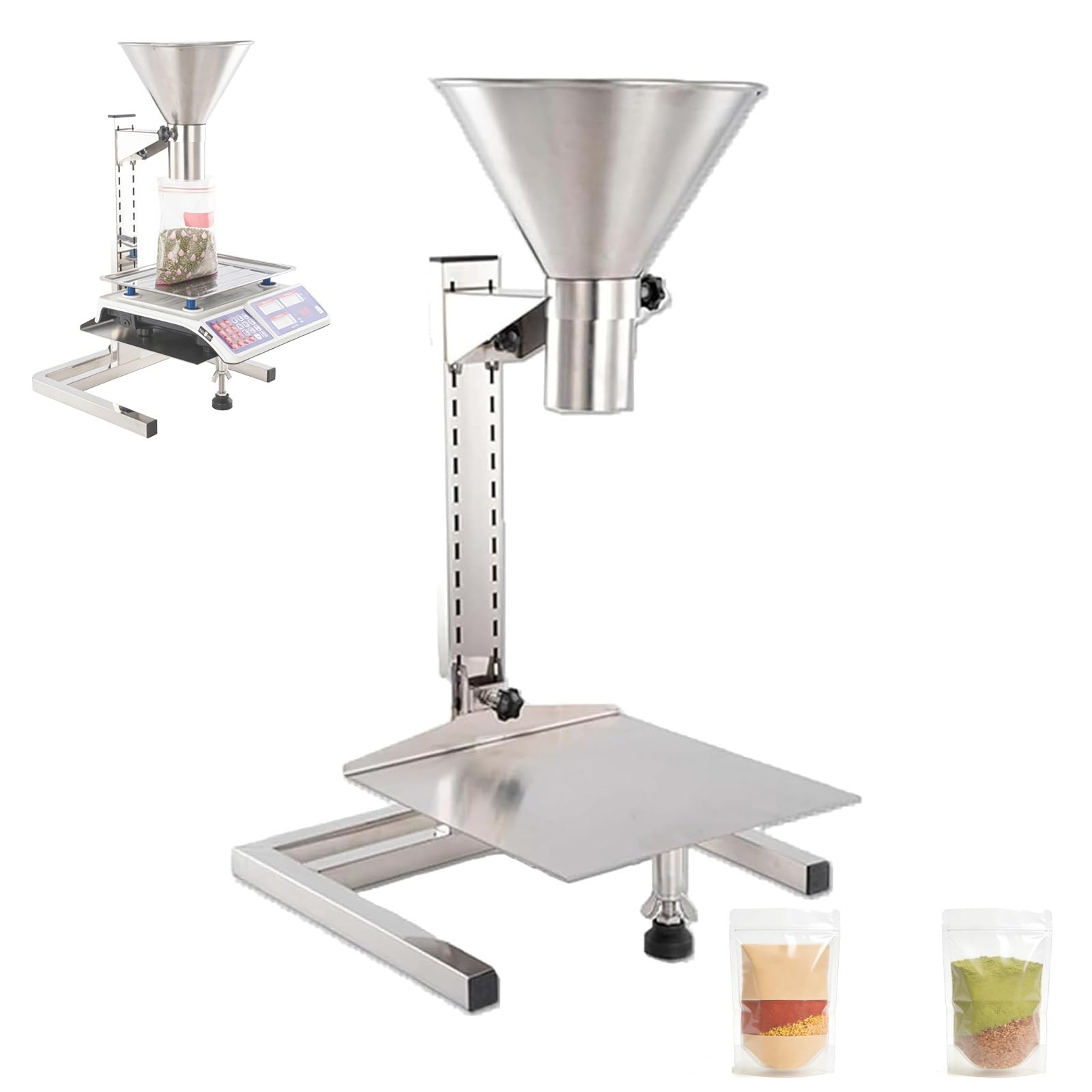 Embudo tolva de acero inoxidable con soporte, altura ajustable resistente, carga de 50 kg, para polvos y líquidos