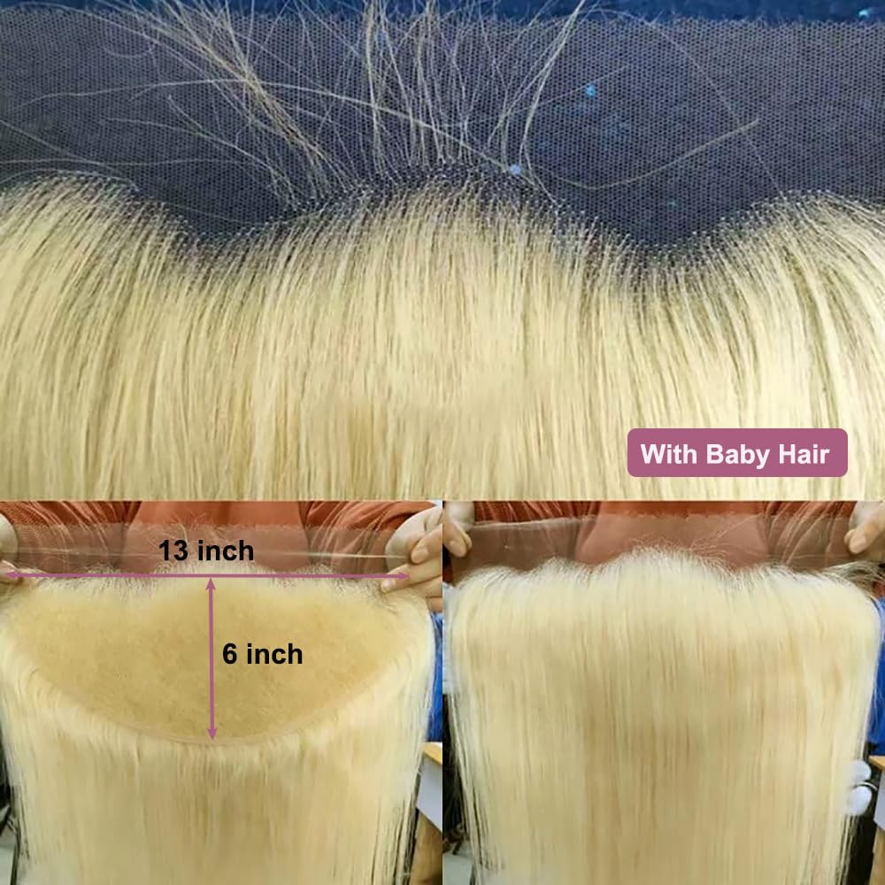 613 Straight 13x6 Transparent HD Lace Frontal Closure 12A Brazilian Virgin Remy Hair Free Part Ear to Ear Blonde Human Hair For Women Pre Plucked With Baby Hair 150% 14 Inch