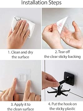 Hanging Utensil Holder Hooks Kitchen Utensil Hanger Wall Mount 360 Degrees Rotating Folding Hook Self Adhesive Hook Utensil Rack with 6 Hooks for Kitchen Bathroom (1 Black & 1 White)