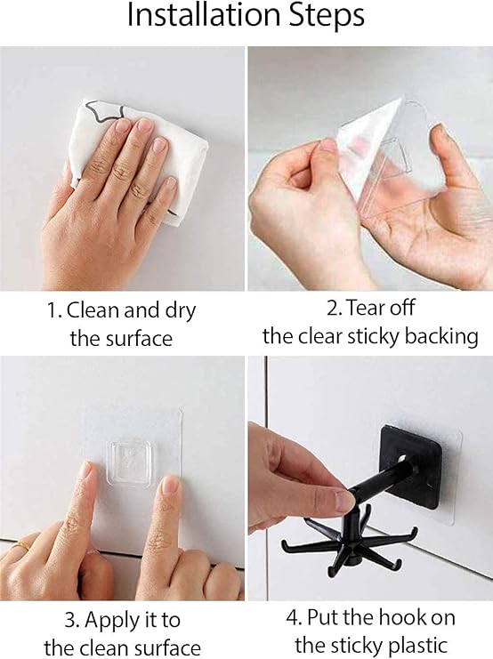 Hanging Utensil Holder Hooks Kitchen Utensil Hanger Wall Mount 360 Degrees Rotating Folding Hook Self Adhesive Hook Utensil Rack with 6 Hooks for Kitchen Bathroom (1 Black & 1 White)