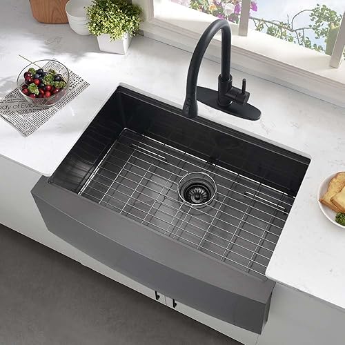 Miniatura 3 de Fregadero de cocina negro de 30 pulgadas para casa de campo, 30 x 21 pulgadas, con delantal frontal de acero inoxidable, estación de trabajo,