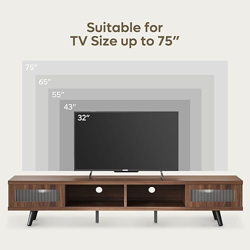 Miniatura 7 de Bestier Soporte de TV moderno de mediados de siglo para TV de 75 pulgadas, centro de entretenimiento LED con almacenamiento y puertas correderas,