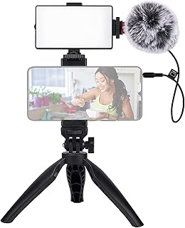 Kit De Vídeo Para Smartphone,Sailsbury Kit de vlog de telefone para gravação de vídeo com microfone de bateria embutida luz LED pára-brisa com suporte de choque de tripé de grampo de telefone e cabo T