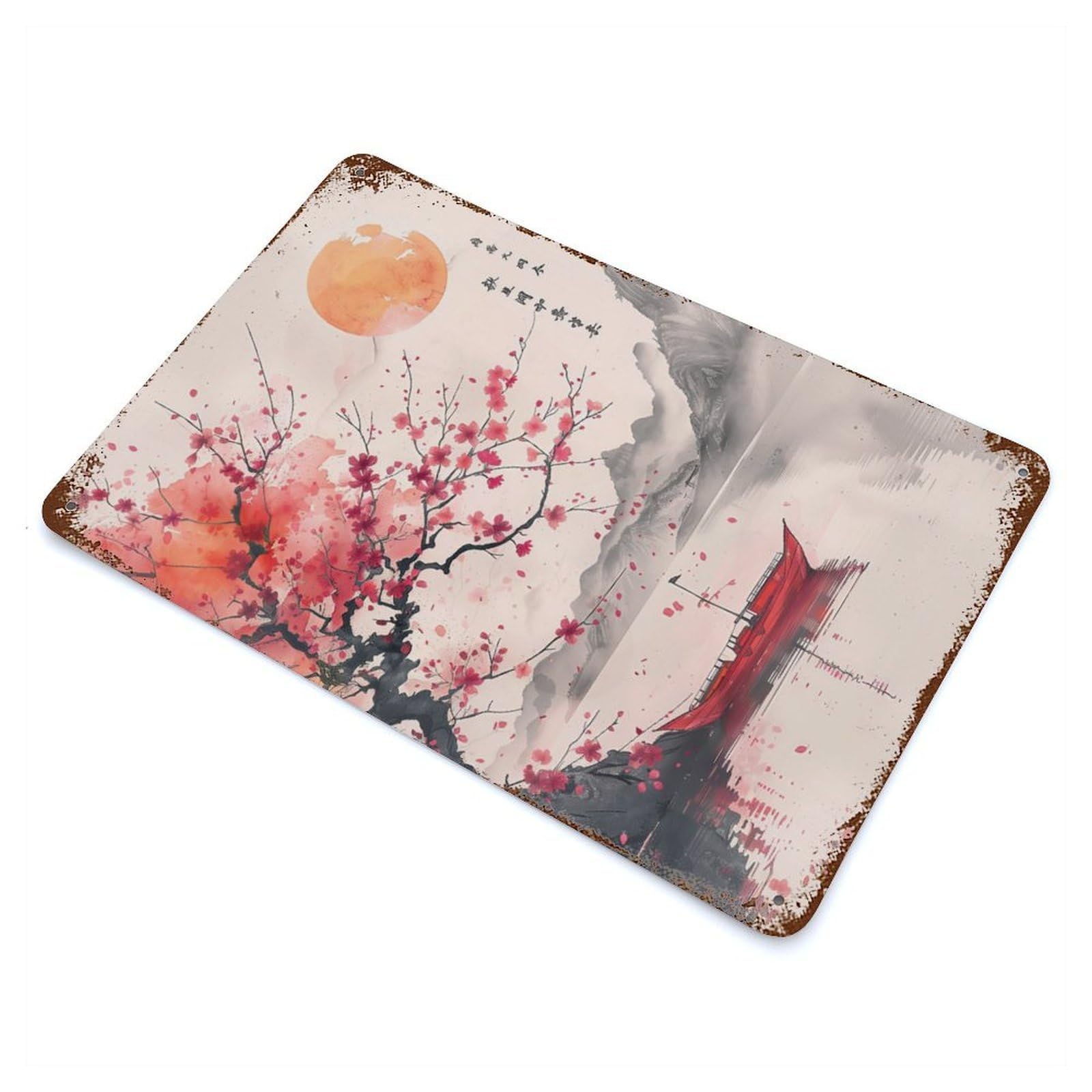Rust Effect Sakura Lake Red Boat Aged Metal Wall Plaque 11.8"x7.9", Farmhouse Wall Decor for Office, Studio And Wall Decor