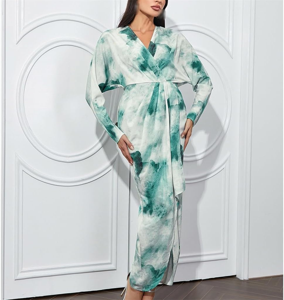 JSEIAJB Sexy Long Sleeve Floral V-Neck Side Split Irregular Dresses