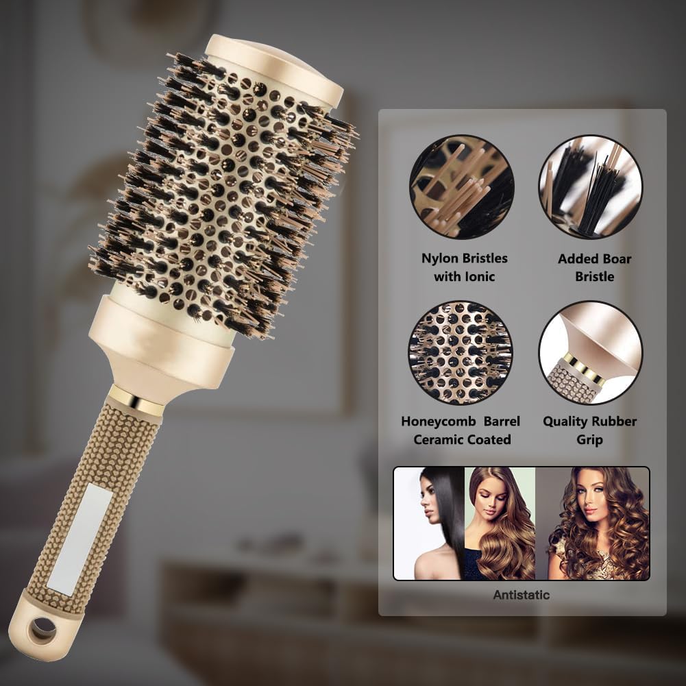 Aozzy 9Pcs Curly Hair Brush Set, Hair Brushes for Women, Round Brush for Blow Drying, Paddle Brush, Fit for Detangling Wet Long Thick Hair, Spray Bottle for Curly Wavy Hair, Family Daily Care (Golden)