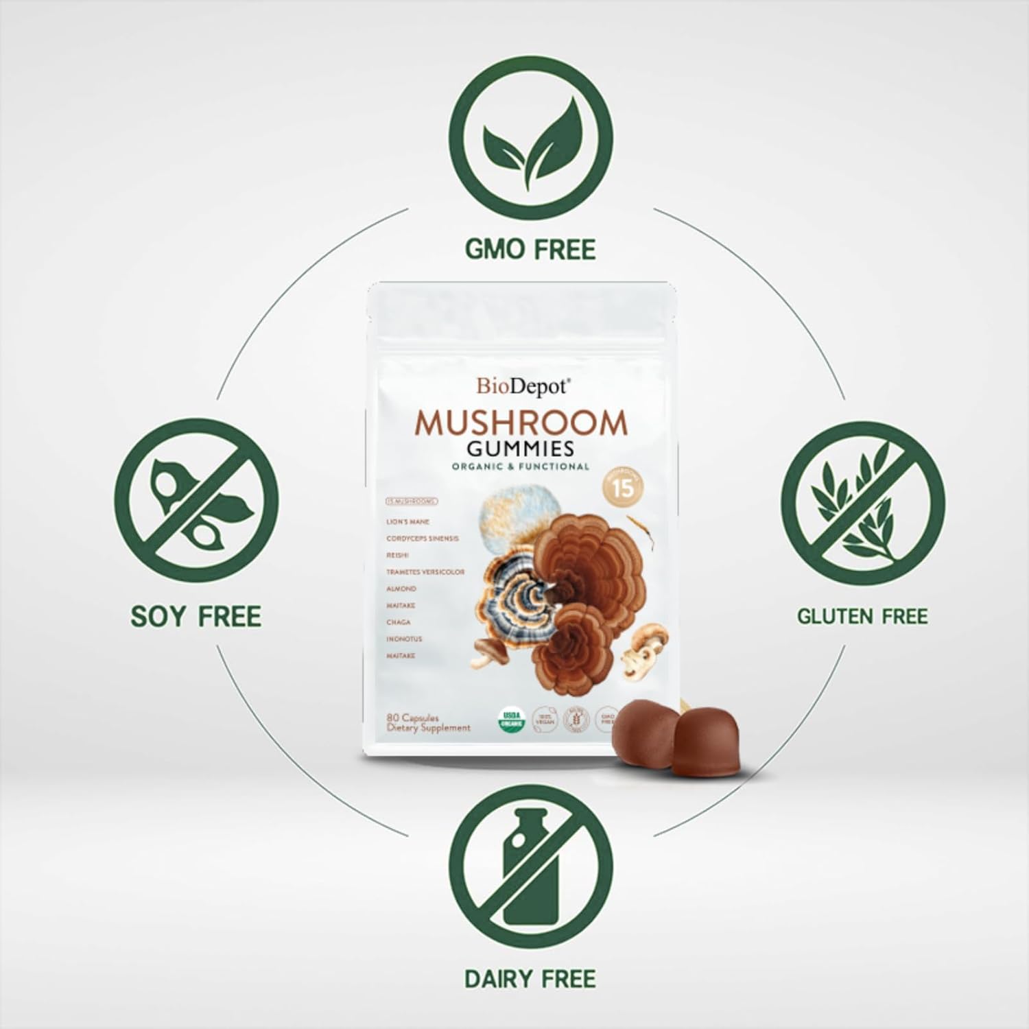 Mushroom Daily Supplement All in One Gummie, 24 Mushroom Lions Mane Nootropic Supplements Boosts Memory, Focus, Energy & Mood in Adults - Reishi, Cordyceps, Turkey Tail, 80 Gummies