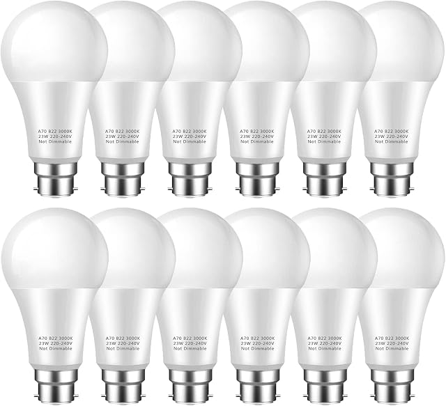 Plusluck B22 LED Bulbs 23W, Bayonet Light Bulb, 100W-200W Equivalent, Super Bright 2500 Lumens A70 Energy Saving, Warm White 3000K, 270° Beam Angle, Non-Dimmable, 12-Pack