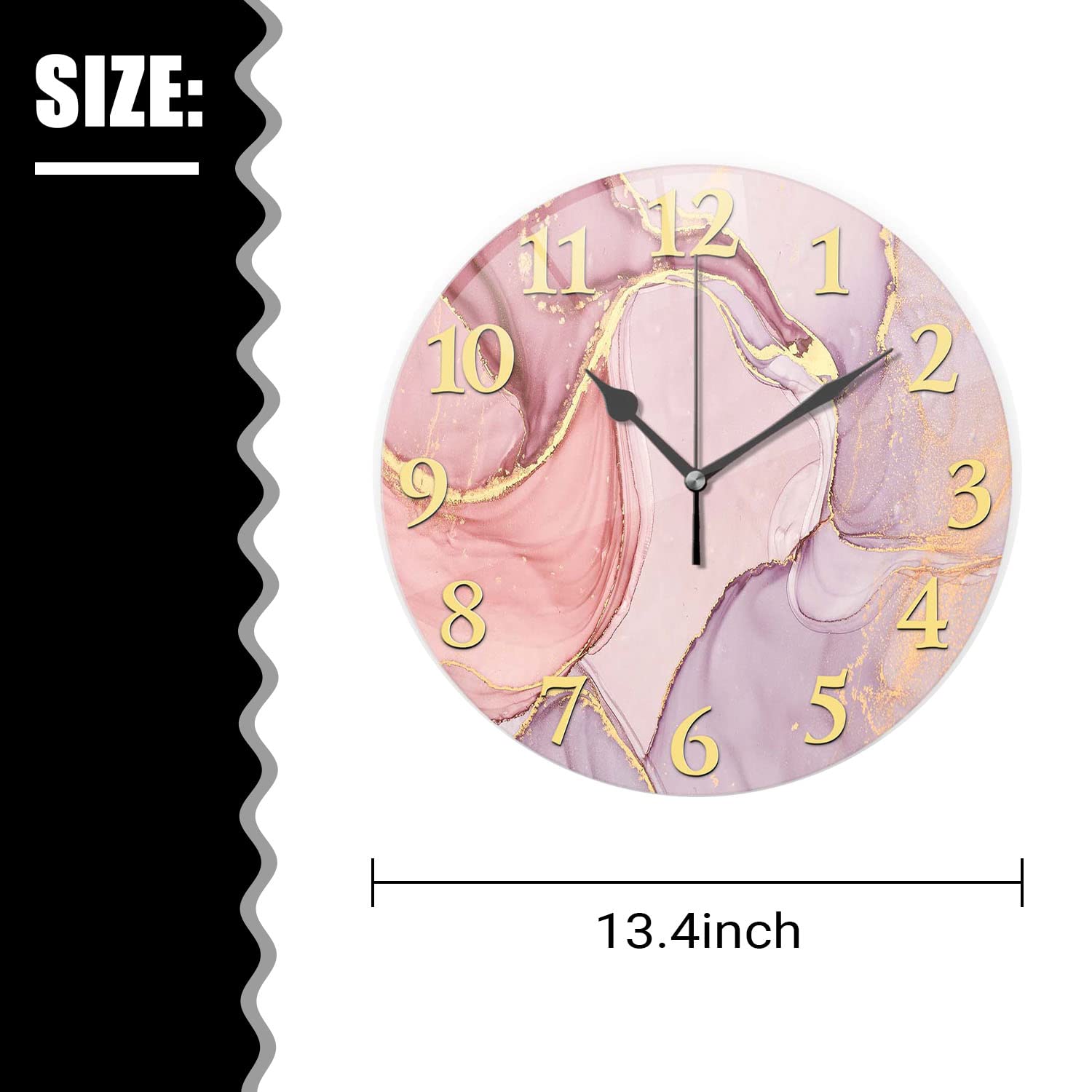 Reloj de pared con textura de mármol, reloj de pared de teñido anudado de oro rosa, reloj de pared con línea dorada, reloj redondo de pared de 13.4 x 13.4 pulgadas, funciona con pilas, para 5