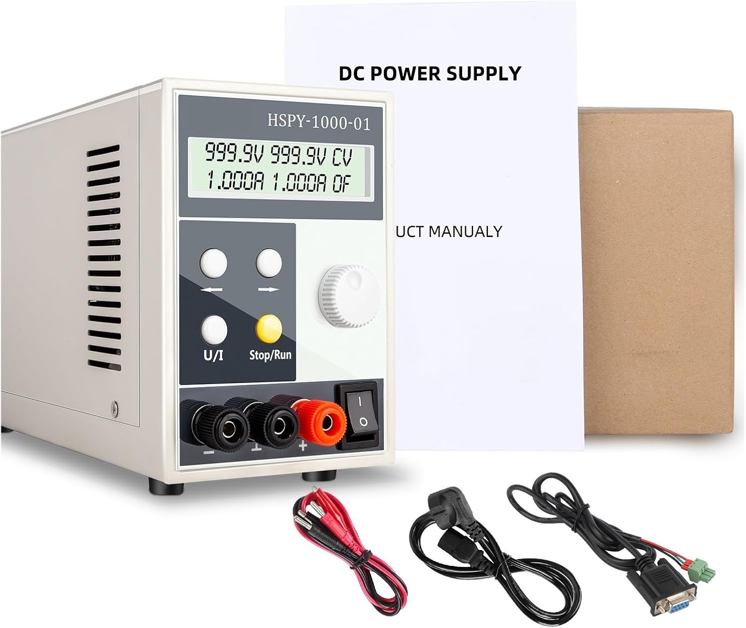 PULME HSPY-400-1 DC Lab Switching Power Supply with included power cord, output cables, and user manual.