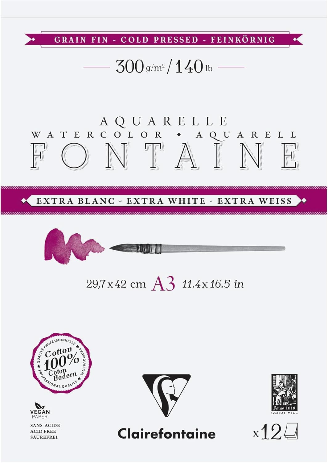 Clairefontaine 976048C Fontaine Extra White Double-Sided Glued Pad - 12 Sheets of Extra White Watercolour Paper 100% Cotton Fine Grain - Professional A3 300g