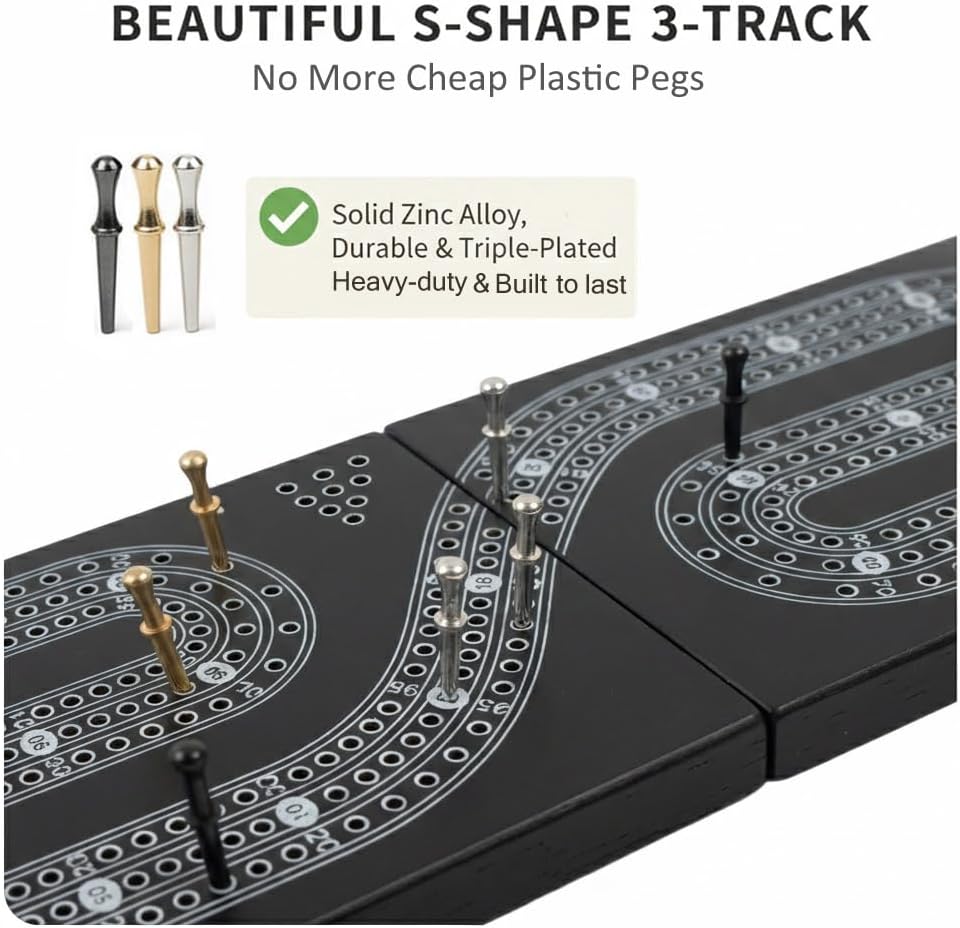 Foldable Wooden Cribbage Board Game Set - Unique S-Shaped 3 Track Black Cribbage Board with Storage, 9 Metal Pegs & Playing Cards - Portable Travel Board Game for Adults, Kids & Seniors