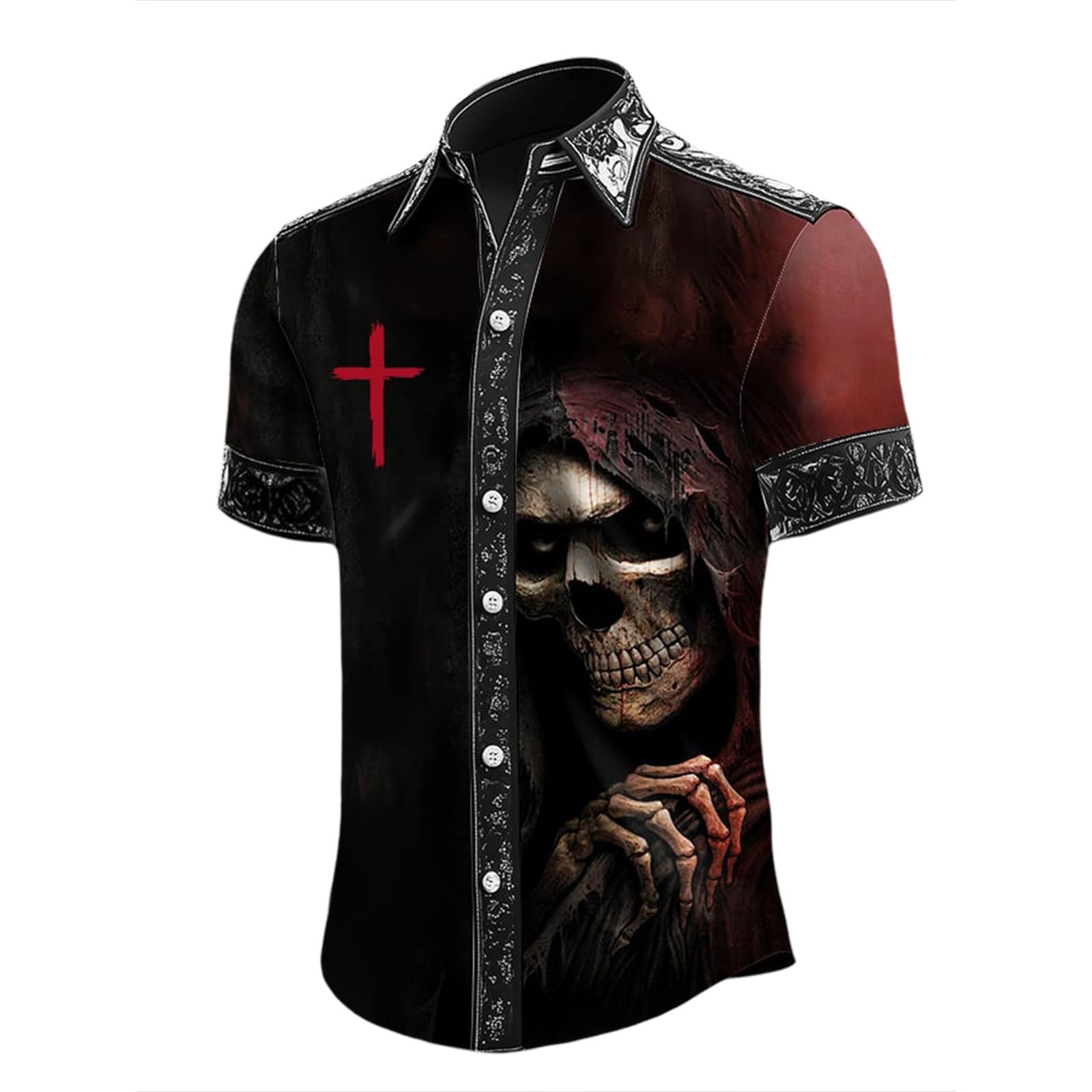 Zanisouta Halloween Costume Men's Short Sleeve Summer Shirt Gothic Casual Shirt Horror Skull Printed Blouse Lapel Button Shirt Blood Splatter Tops Funny Outfit Carnival Party Shirt, L