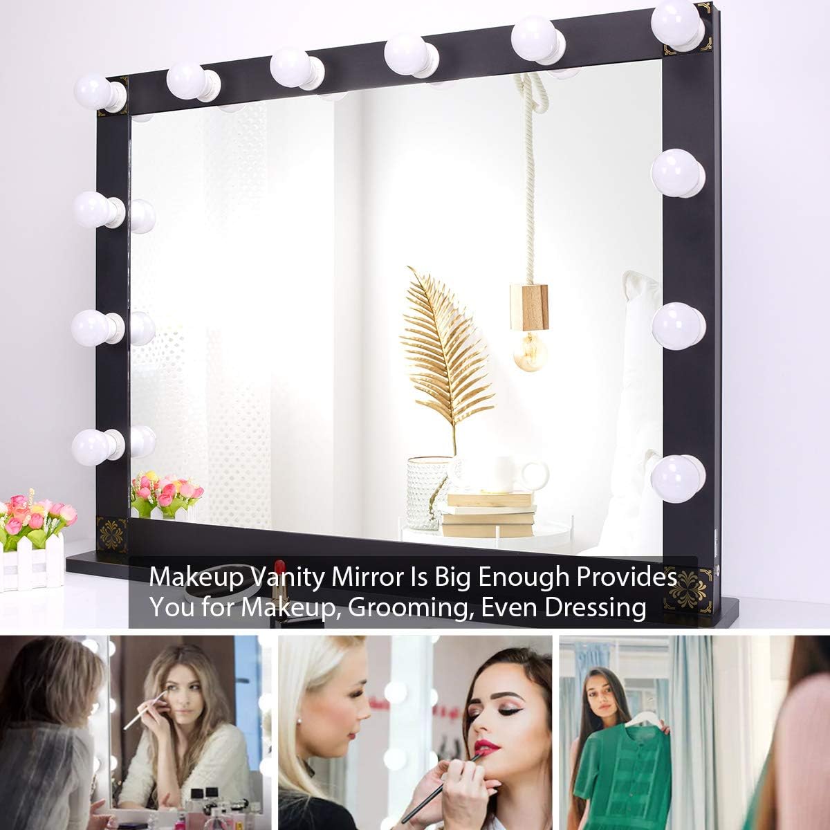 New Deal Nitin Hollywood Lighted Vanity Mirror, Tabletop Makeup Mirror with 12 Dimmer LED Bulbs, Large Dressing Cosmetic Mirror (Black)