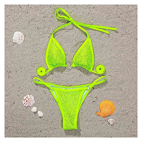 Rjjrr Strass Mini Bikini Femme Maillot de Bain Femme Maillots de Bain à Deux pièces Bikini Ensemble baigneur baignade Costume Nager Dame (Color : Neon Green, Size : M.) Cover