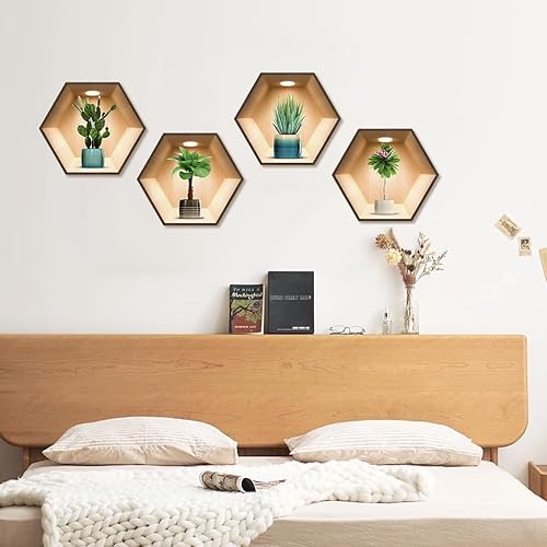 Miniatura 5 de Paquete de 4 calcomanías de pared 3D de plantas verdes 3D de cactus para decoración de sala de estar, dormitorio, cocina