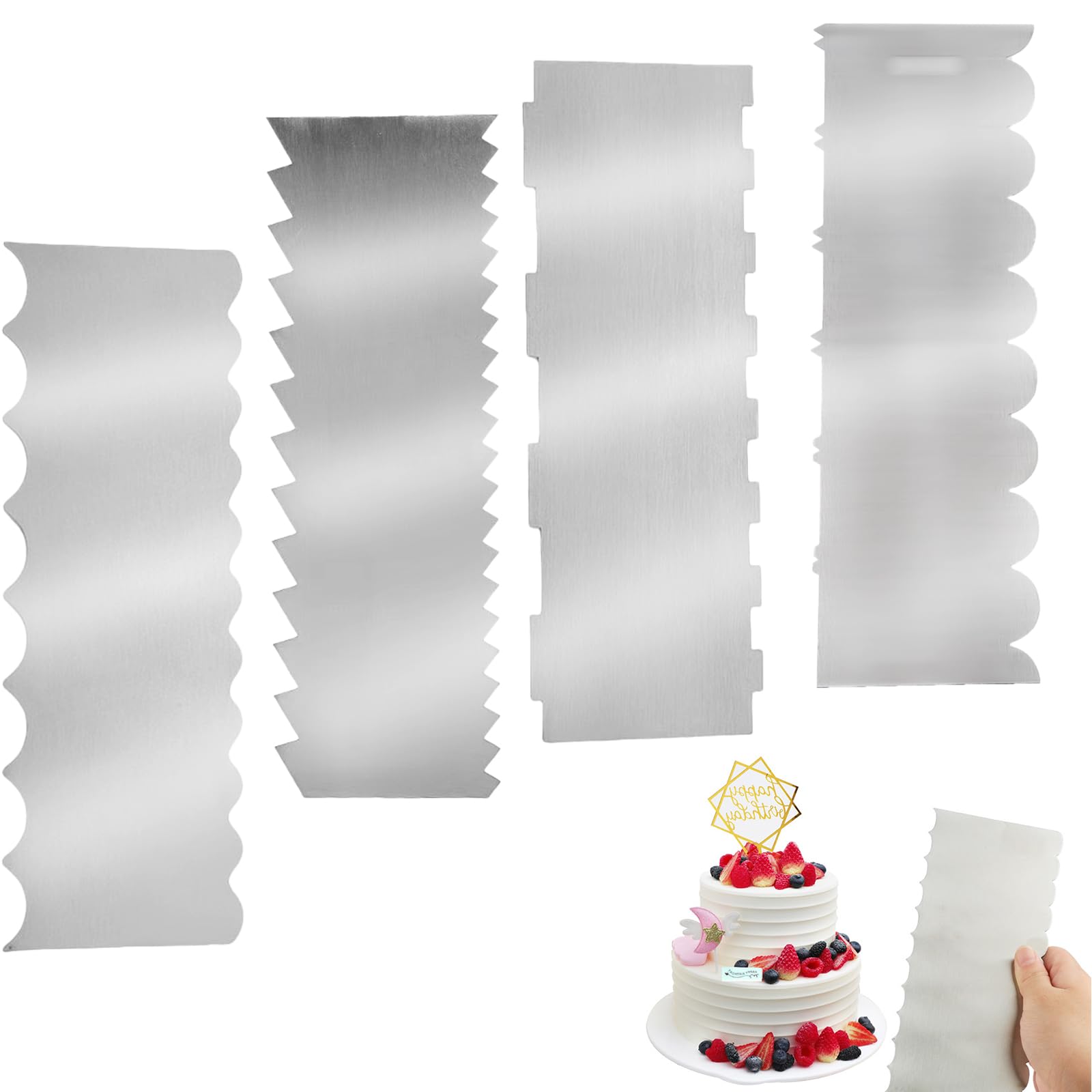 ROSYLEVE 4PCS Cake Scraper Stainless Steel 8.6x3 Inch in 4 Patterns for Different Shapes of Comb Cake Edges Cake Scraper Buttercream Smoother for Mousse Buttercream Cake Decoration Silver