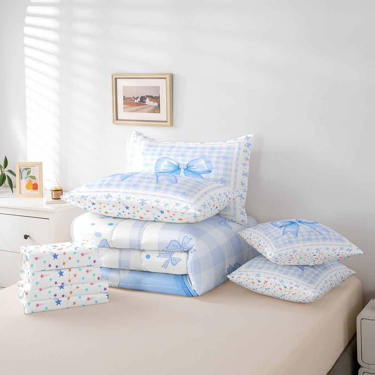 Erosebridal 7 Piece Blue Ribbon Bow Girls Queen Comforter Set with Sheets Kawaii Watercolor Plaid Bow Kids Bedding Set Girly Princess Bowknot Bed in A Bag,Cute Grids Bow Tie Bed Set with Comforter