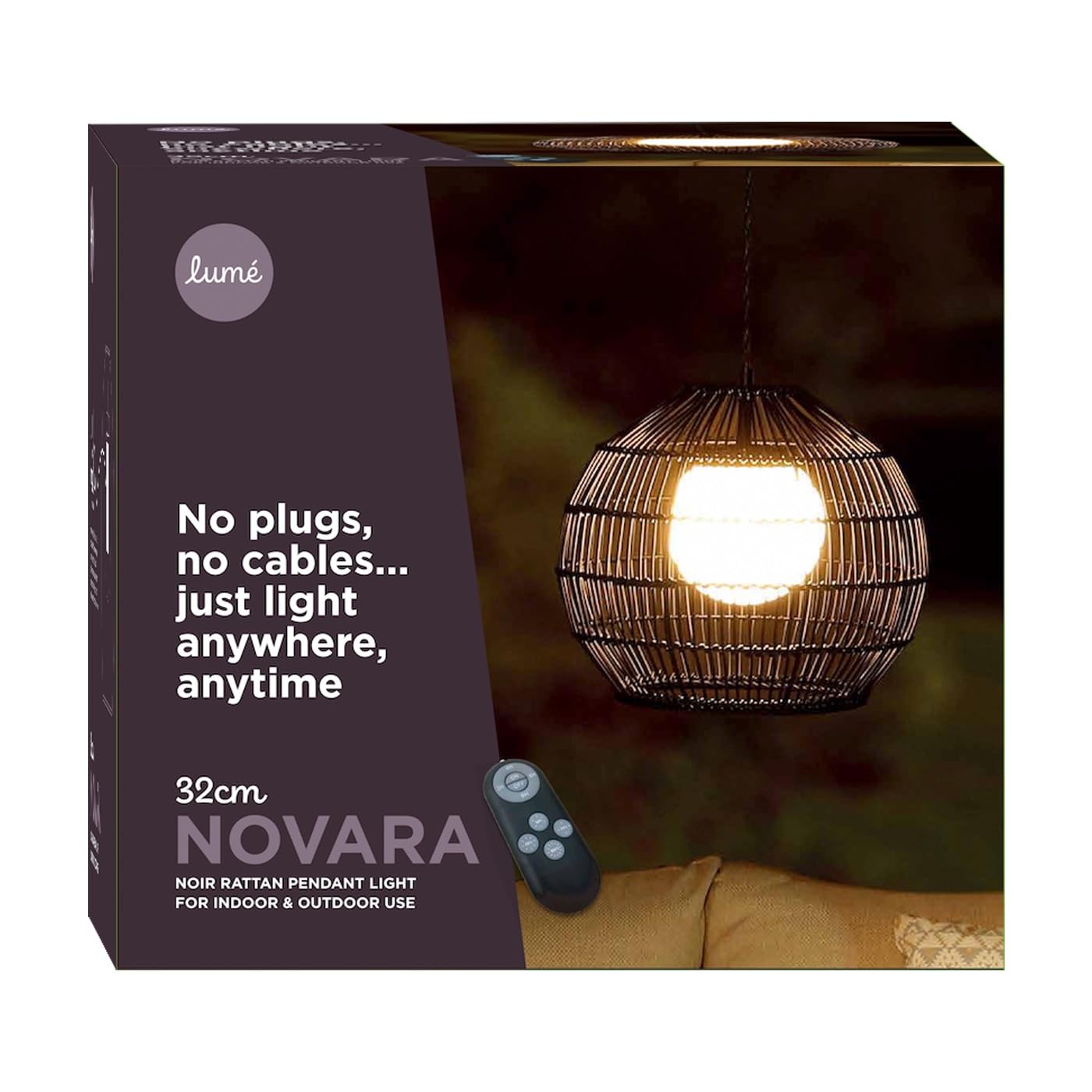 Noma Novara Noir Rattan Pendant Light, Rechargeable, 32 cm (Pack of 1)