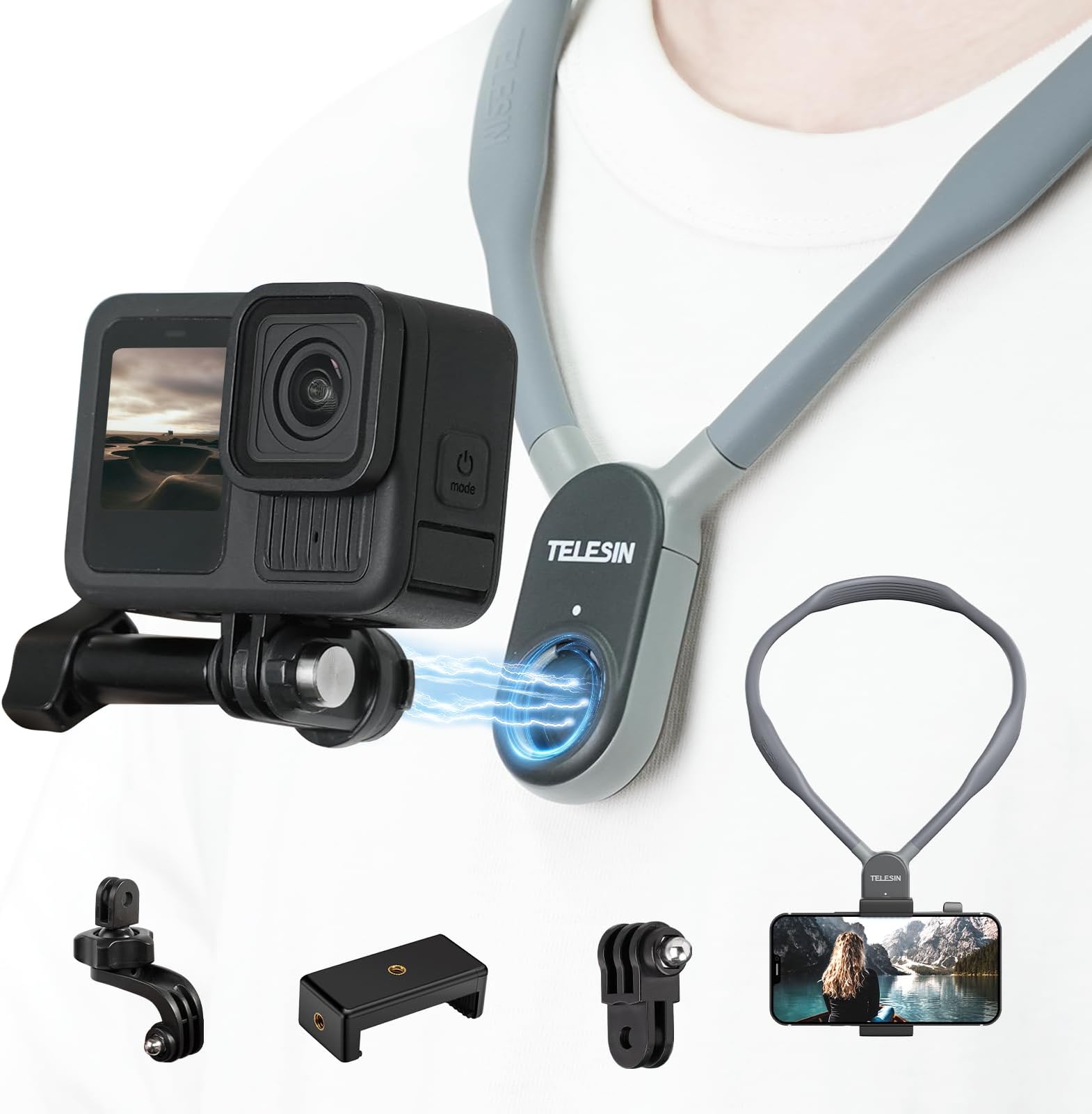 – Plus Magnetic Neck Mount for Go Pro Phone Holder, Quick Release POV Video Vlog Flexible Angle Necklace Holder for GoPro Hero 13 12 11 10 9 Insta360 X5 X4 X3 DJI Action 3 4 5 Pro iPhone Android