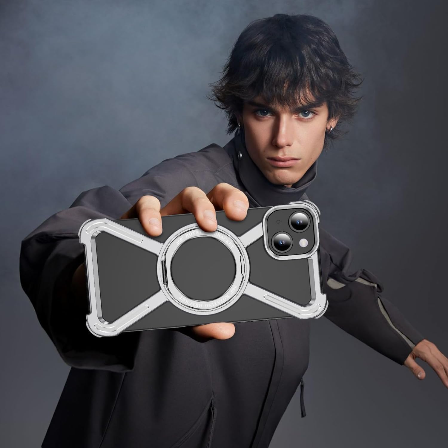 OOPKINS Skeleton Case for iPhone 15 Military Grade Drop Protection Rotating Kickstand Ring Grip Compatible with Quick Charge Frameless Metal Bumper for Apple iPhone 15. JJ Silver