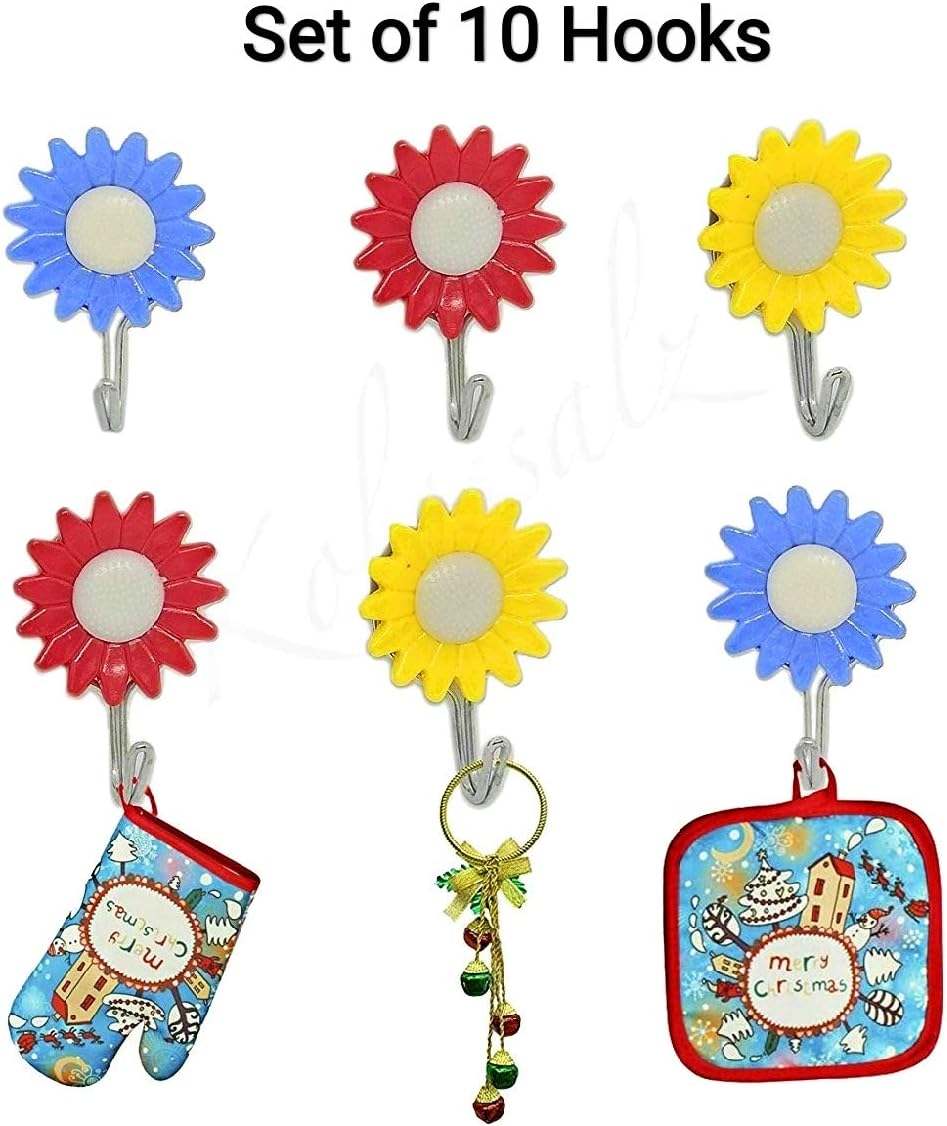 Set of 10 Colorful Flowers self Adhesive Hooks for Wall-Home Decor Utility Item