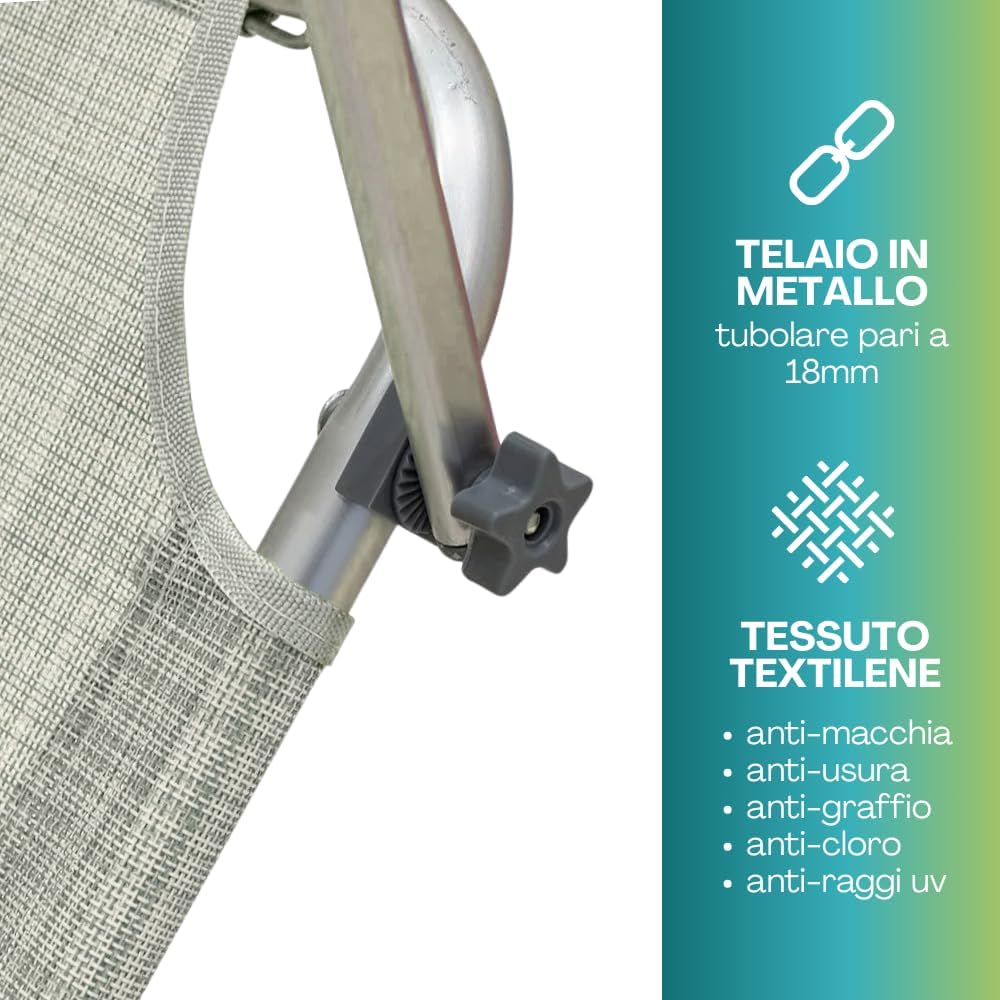 PALUPLUS 2 Lettini Prendisole Pieghevoli con Tetto Parasole con 2 BORSE Portalettino, Misura 180x55x90 cm, Tessuto Textilene, Struttura Metallo Tubolare da 18mm, Peso Max 120kg -3664F (Grigio)
