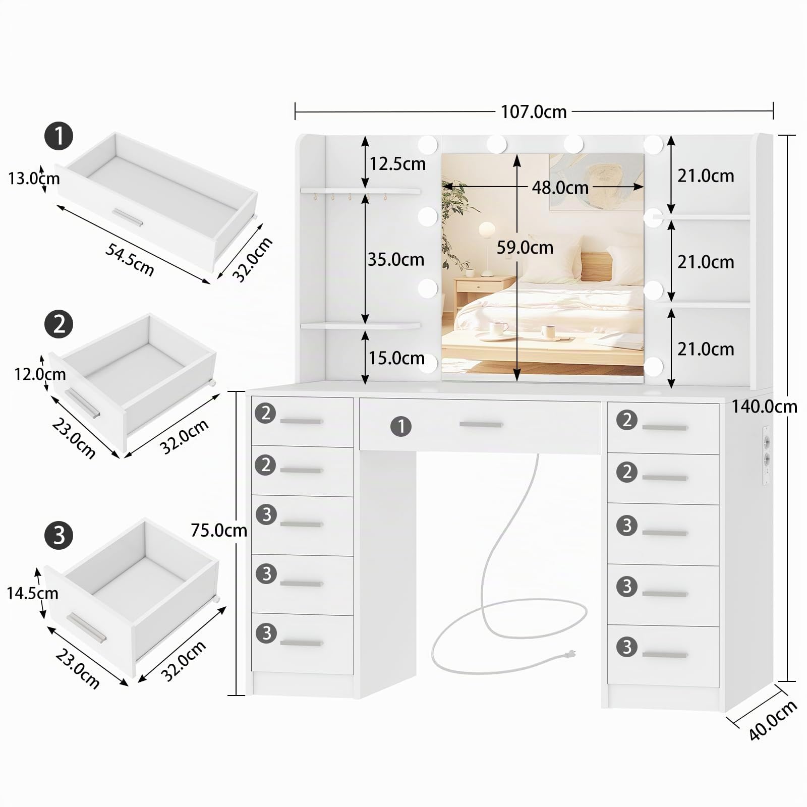 TEENFON Tocador de Maquillaje con Luces LED Regulables y enchufes, Mesa de Maquillaje con Espejo, 4 estantes Abiertos y 5 Ganchos para Joyas, Blanco, Tocador con 11 Cajones