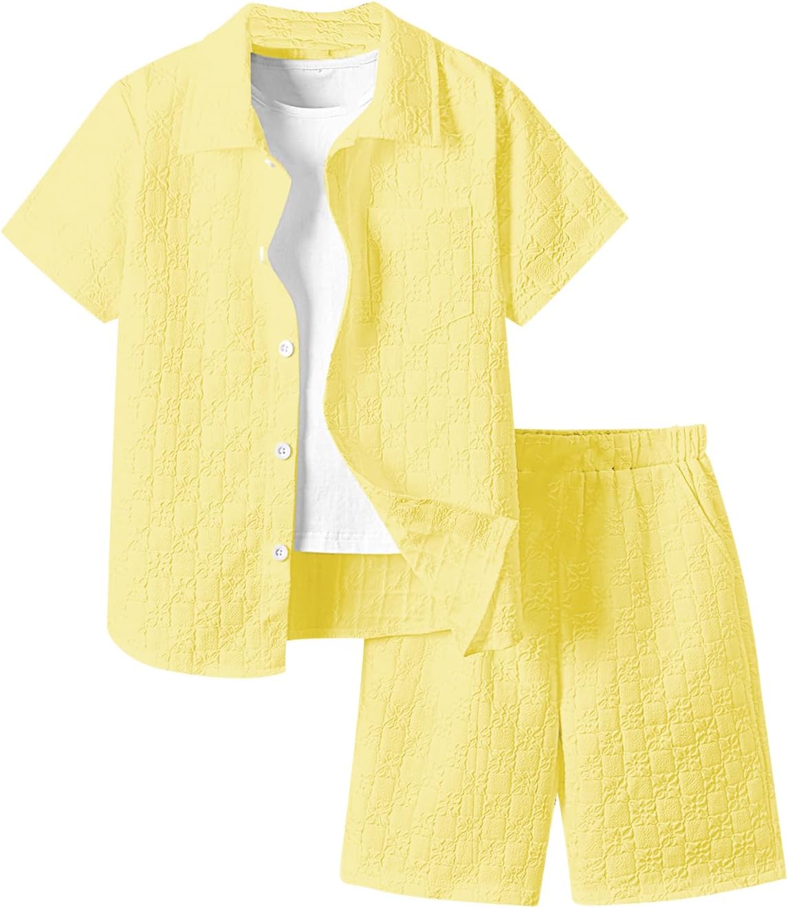 Boy's 2 Piece Beach Vacation Textured Linen Outfit Short Sleeve Button Down Shirt Top and Shorts Summer Set