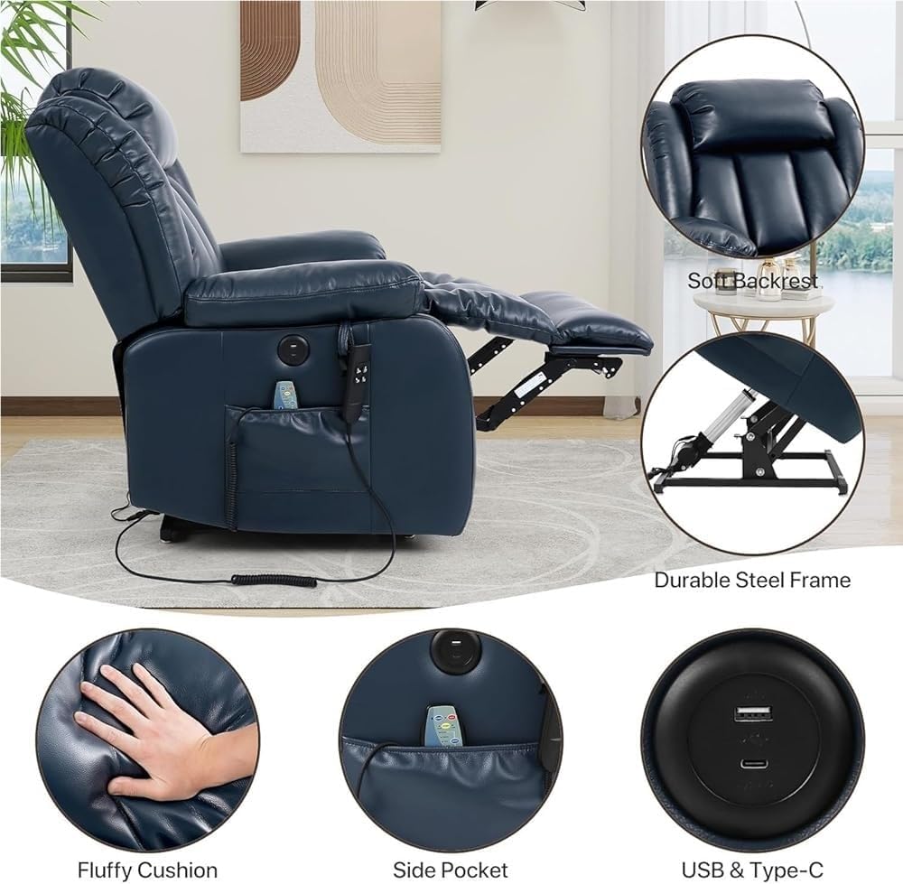 Ergonomic Design Power Lift Assist Chair Adjustable Backrest Electric Lift Recliner Single Sofa Leather Upholstery Chair with Side Pockets for Elderly Adults Home Theater