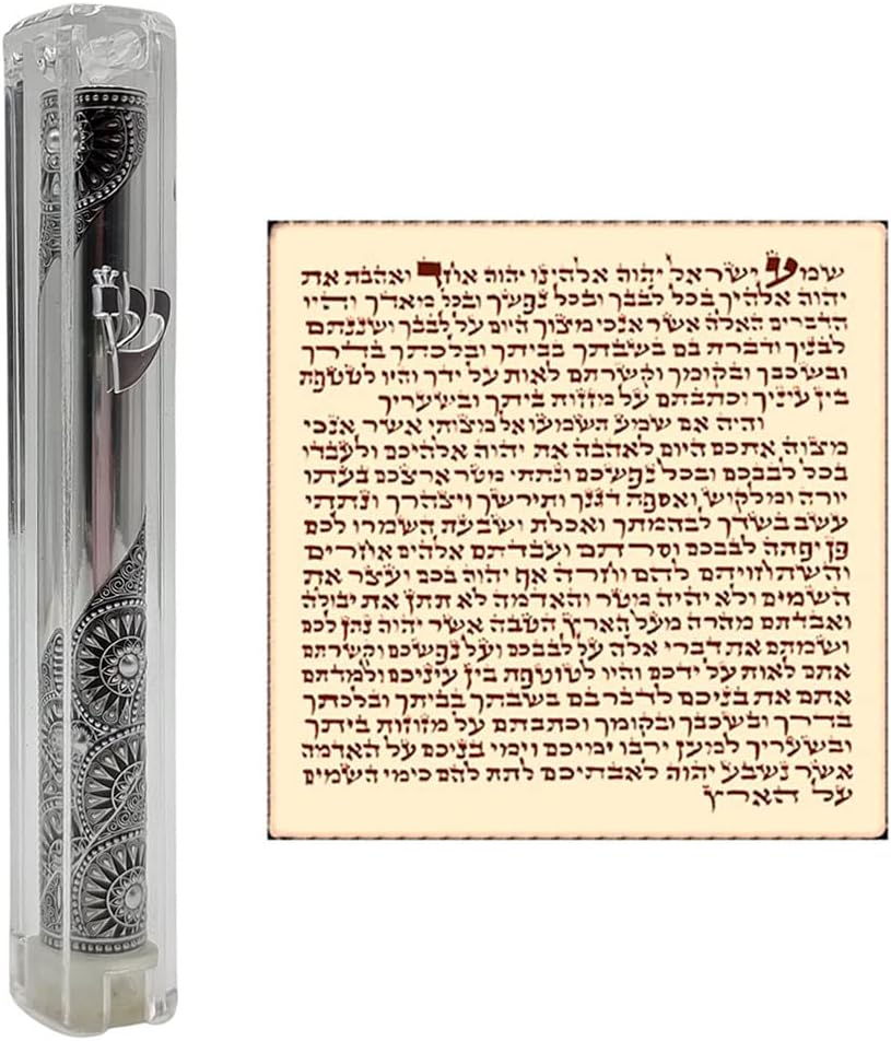 TALISMAN4U Waterproof Clear Mezuzah Case with Scroll Silver Ornament Hebrew Shin Classic Israel Judaica Door Mezuza 5 Inch