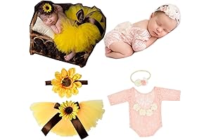 Adorable Newborn Photography Prop Set: Sunflower Tutu Skirt, Pink Lace Romper, and Floral Headband