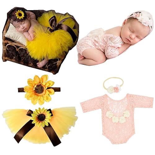 Accesorios de fotografía para recién nacidos, falda tutú de girasol y peleles de encaje rosa con diadema de flores, conjuntos de fotos para bebés de