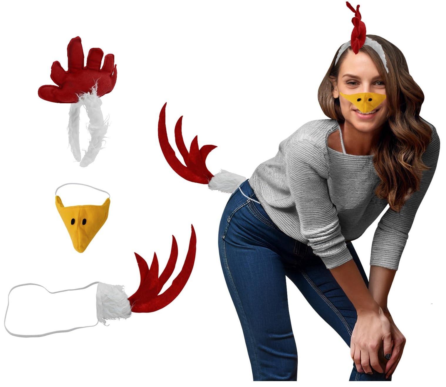 Adult White Rooster Chicken Costume Kit - Fuzzy Headband Tail Beak Nose Mask Costume Accessory Set, Multi-Color, One Size