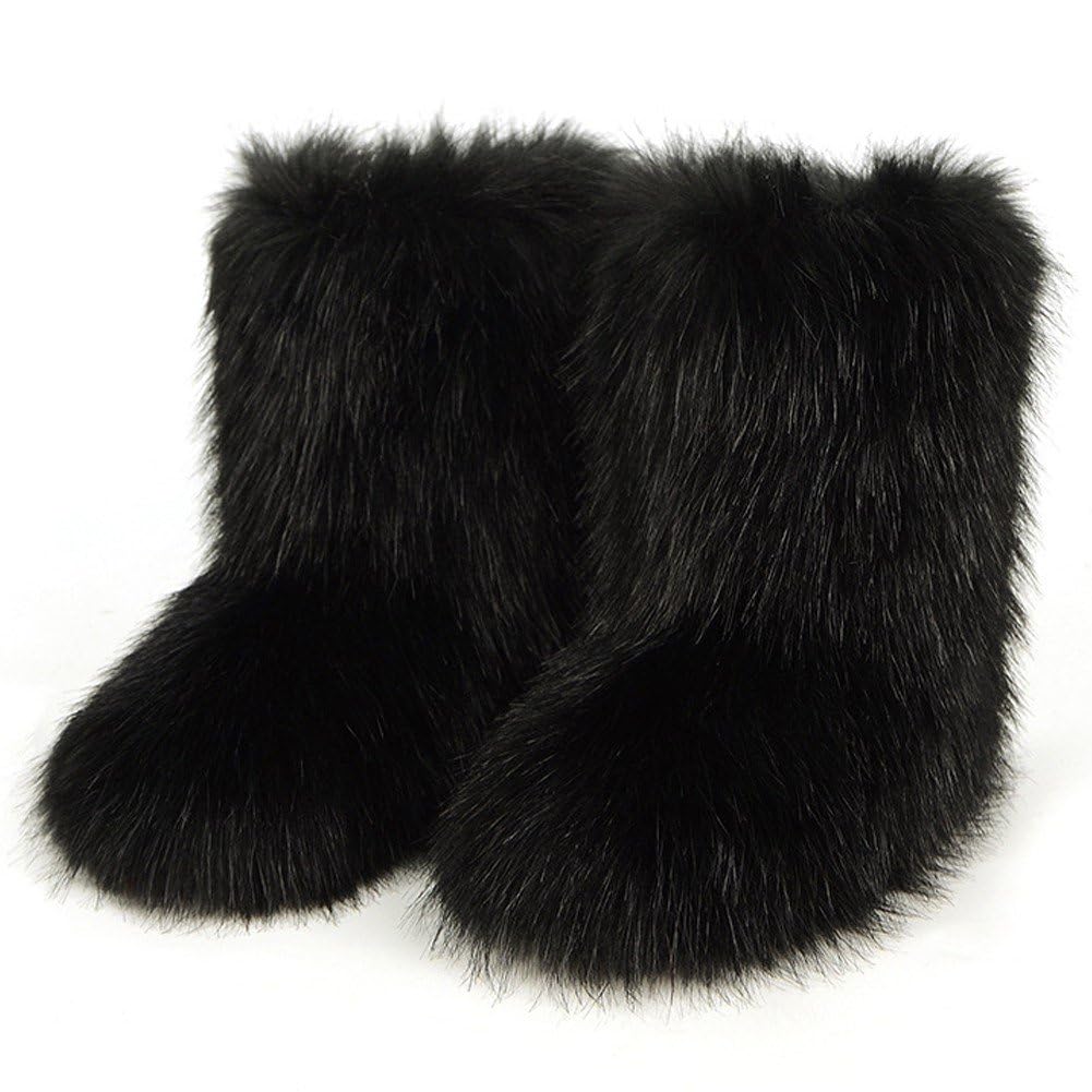 Sanfly Winter Raccoon Snow Boots Raccoon Snow Boot Furry Snow Boots Fluffy -calf Flat Boots for Outdoor Indoor