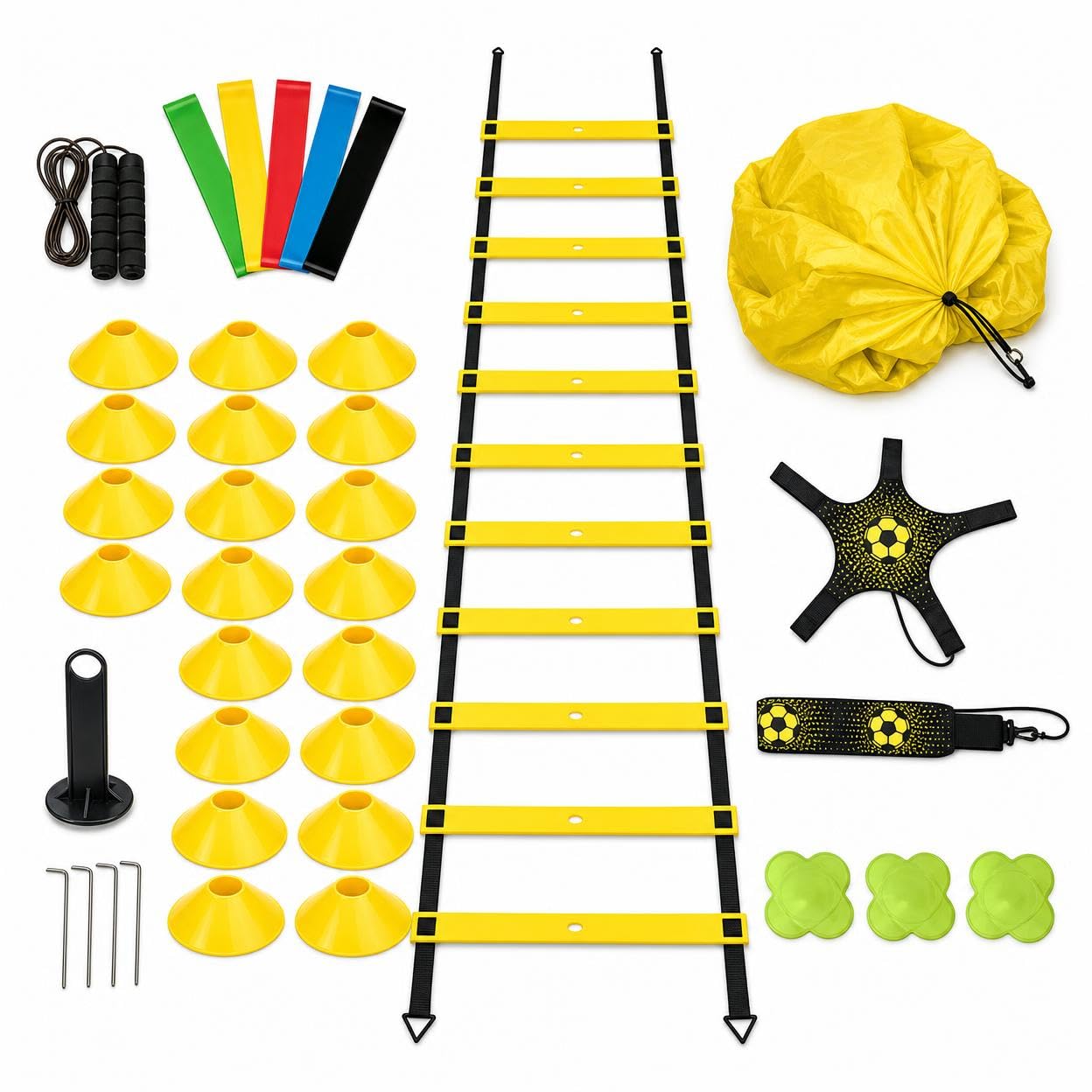 Attrezzatura Calcio Set Allenamento con Agilità Ostacoli Coni Marker Piatta Paracadute Resistenza in PP con Cintura Vita Adatta per Preparazione