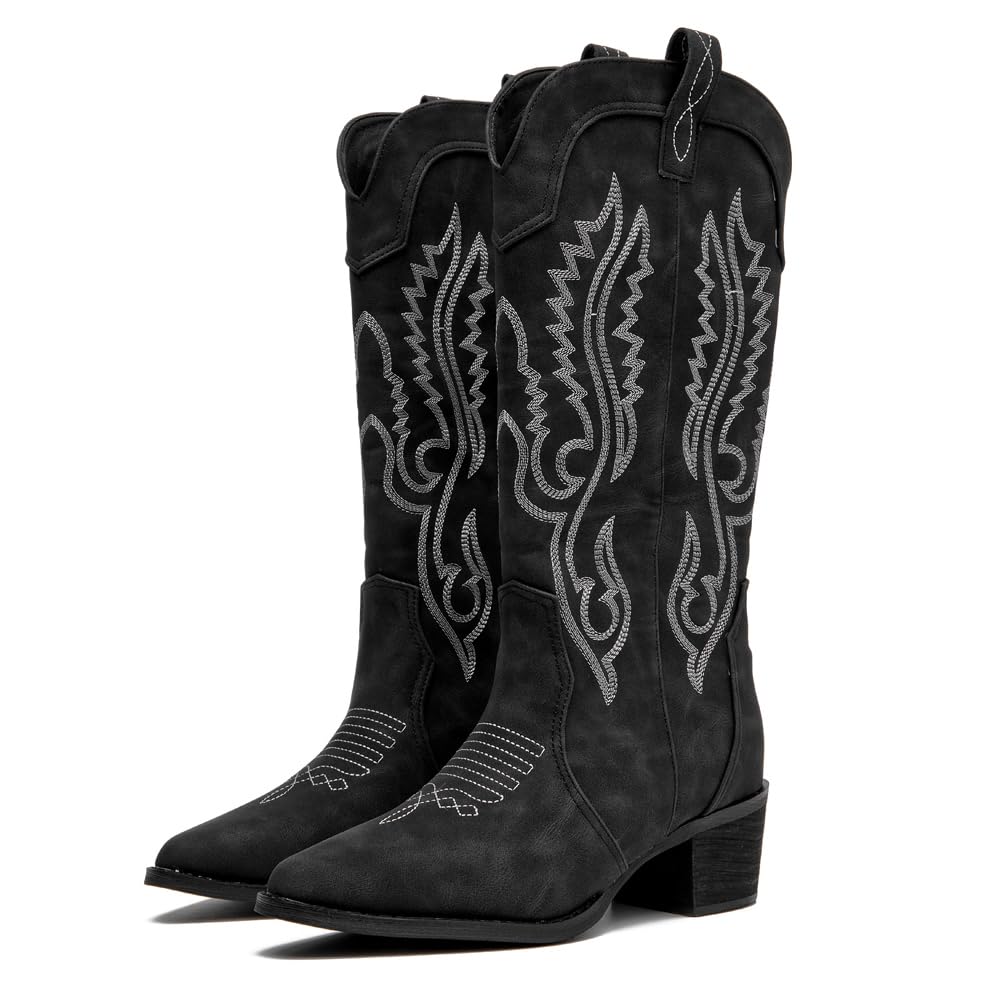 kkdom Cowgirl Boot Cowboy Boots for Women Comfortable Embroidered Pull-On Chunky Stacked Heel Pointy Toe Knee High Western