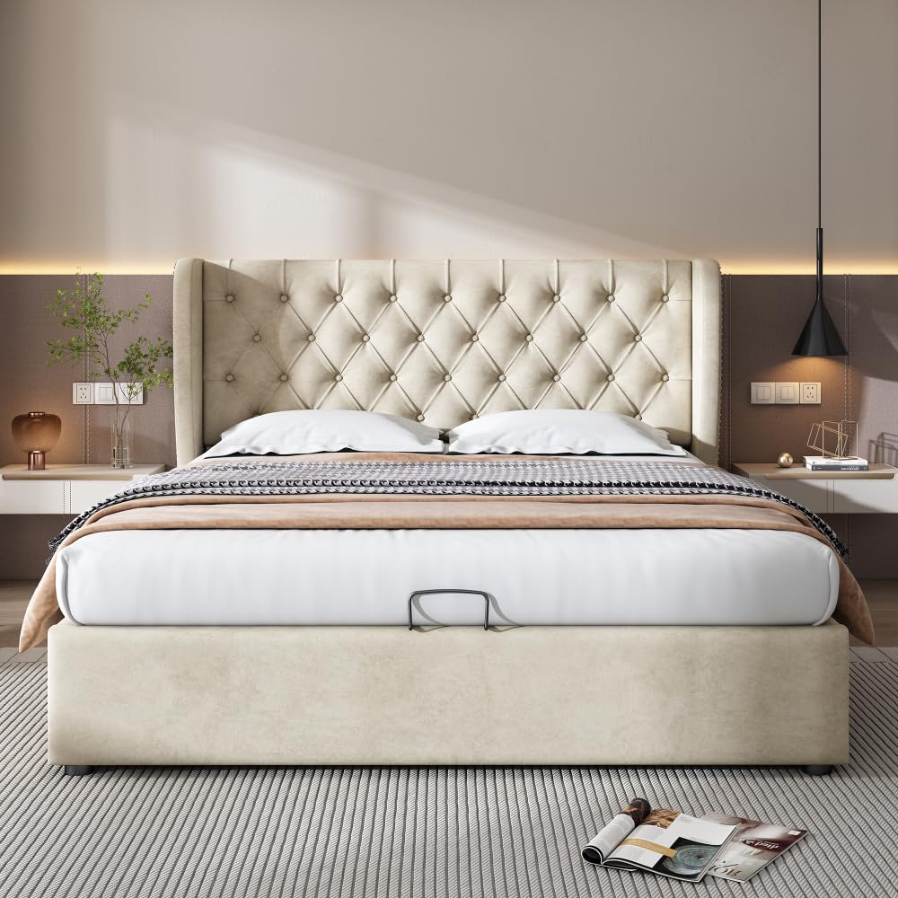 Lubvtti Cama acolchada de terciopelo con forma de oreja, cama de matrimonio con espacio de almacenamiento hidráulico, cama de matrimonio con somier de láminas (beige, 180 x 200)