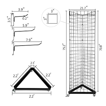 Bonnlo 6' x 2' Triangle Grid Panel Tower with Base and Casters, 5mm Wire, 220 lbs Capacity Wall Display Rack with 3 Sizes x 6 Hooks, Black