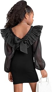 Girl's Mesh Ruffle Trim Layered Tie Back Lantern Sleeve Pencil Mini Dress - Buy now