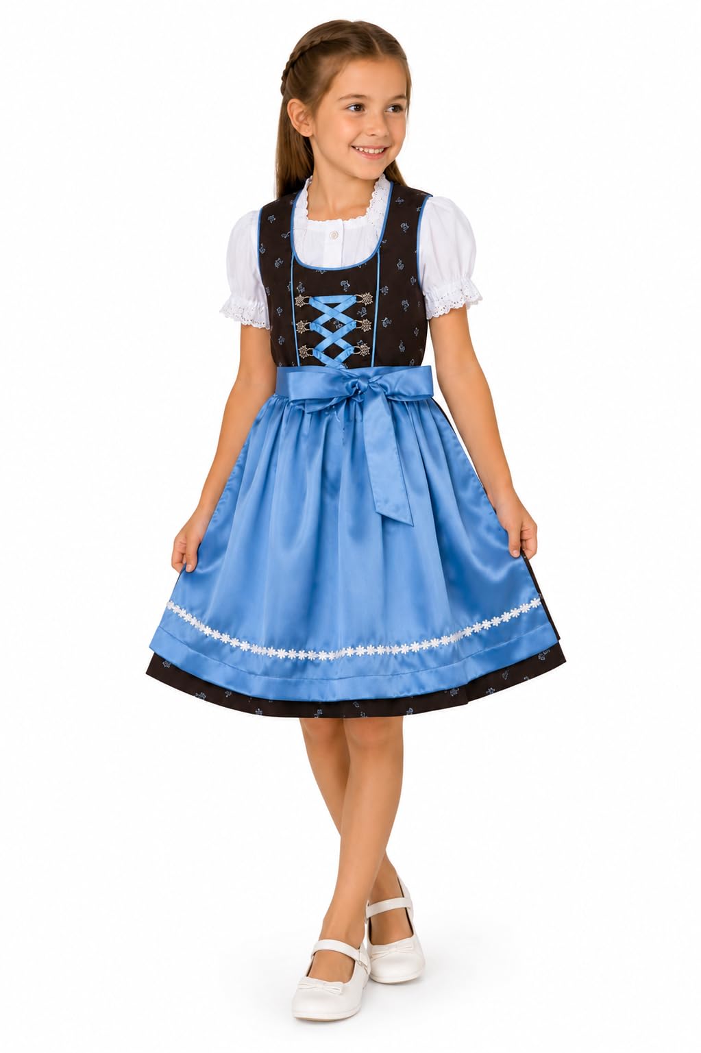 Ramona Lippert® - Dzieci Dirndl dla dziewczynek - dirndl dla dzieci Sophia w kolorze brązowym z kwiatowym wzorem - 3-częściowa sukienka ludowa - moda ludowa - strój ludowy z fartuchem