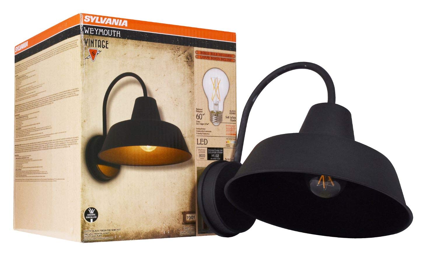 Sylvania General Lighting Sylvania 60121 Weymouth Sconce Light Vintage Fixture, LED, Flush Mount, Dimmable Bulb Included, Antique Black - California Compliant