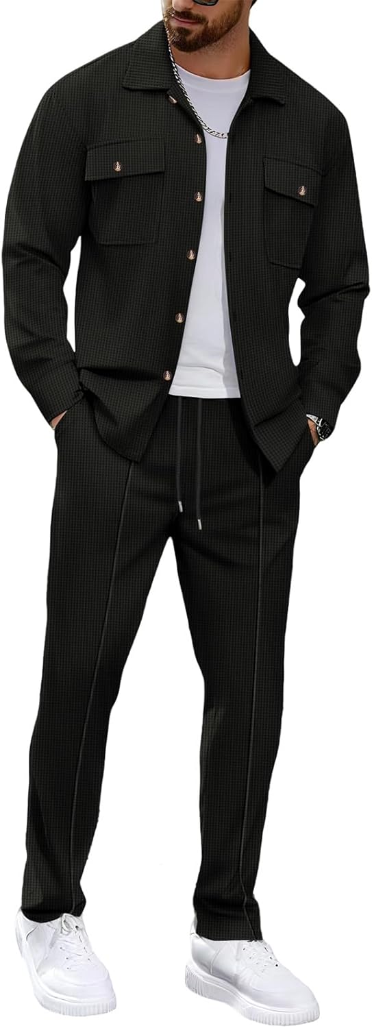 MQUN Mens Sweatsuits 2 Piece Set Jacket Top and Casual Pants Set Fall Fashion Sweatsuits Waffle Plaid Jacquard Outfits